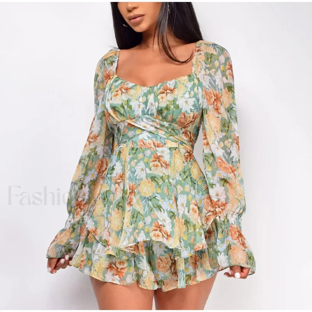 Square Neck Jumpsuit Floral Dress Green / S