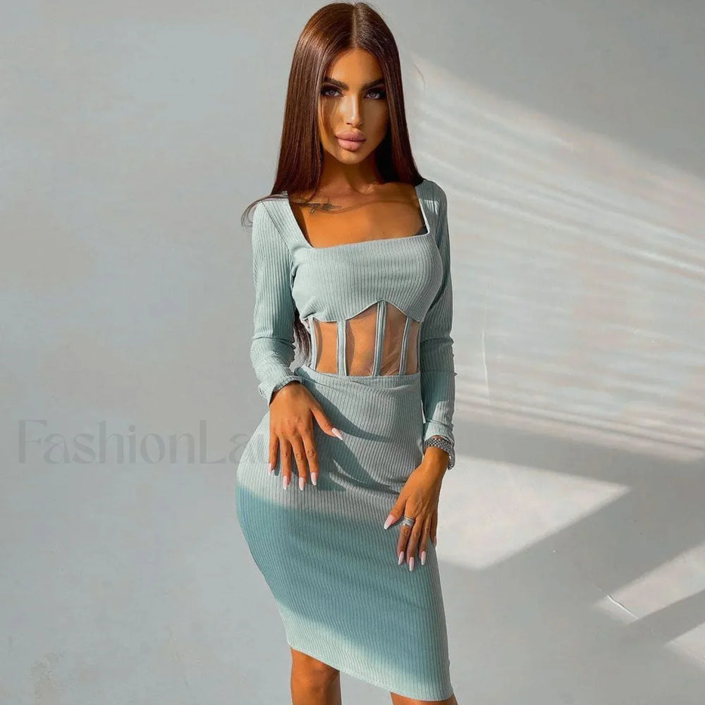 Square Neck Long Sleeve Mesh Panel Rib Knit Midi Dress Teal M / Teal Party Dresses