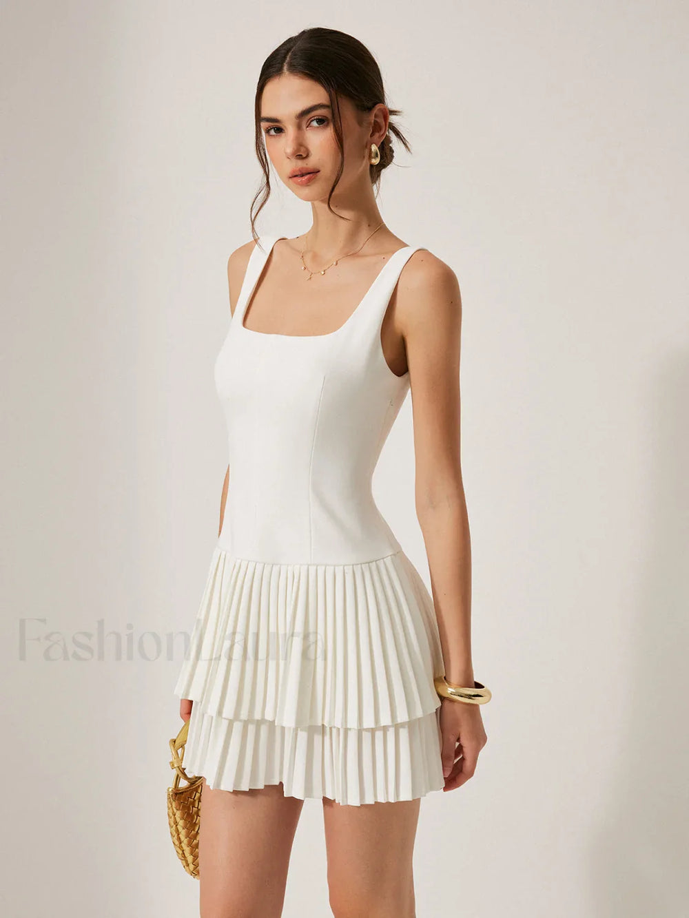 Square Neck Pleated Dress Dresses