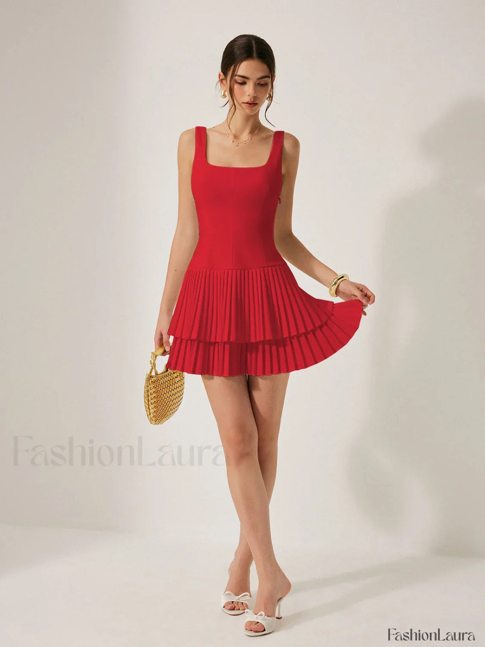 Square Neck Pleated Dress Red / XS Dresses
