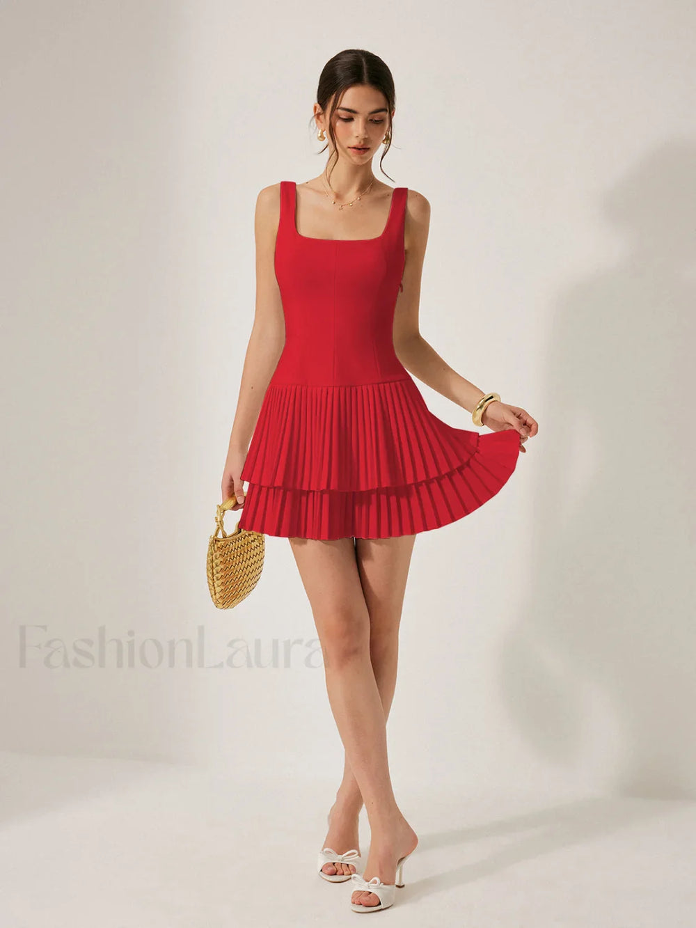 Square Neck Pleated Dress Red / XS Dresses