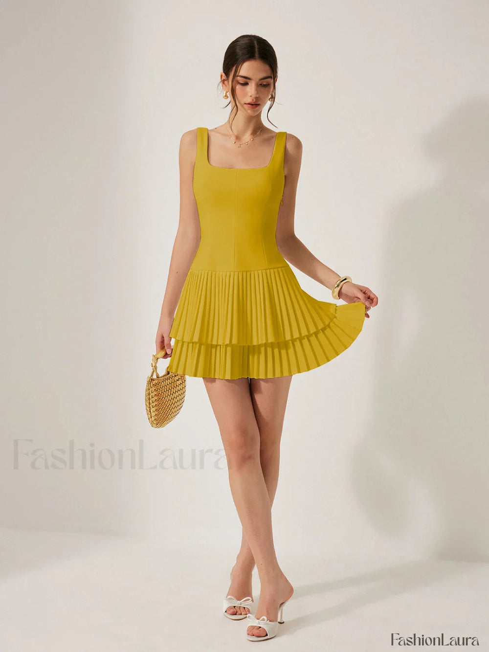 Square Neck Pleated Dress Yellow / XS Dresses