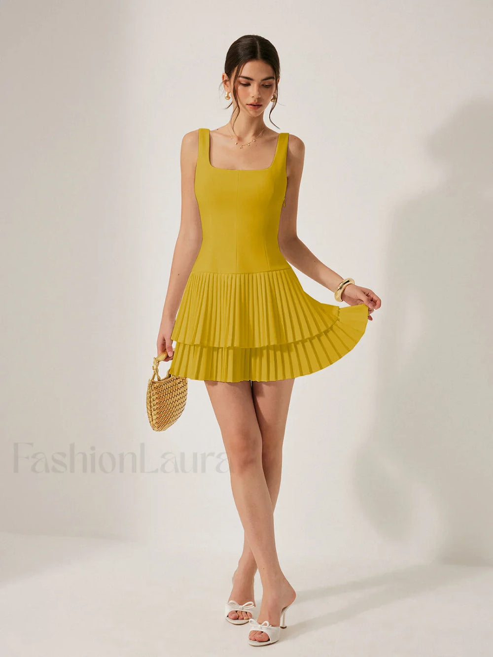 Square Neck Pleated Dress Yellow / XS Dresses