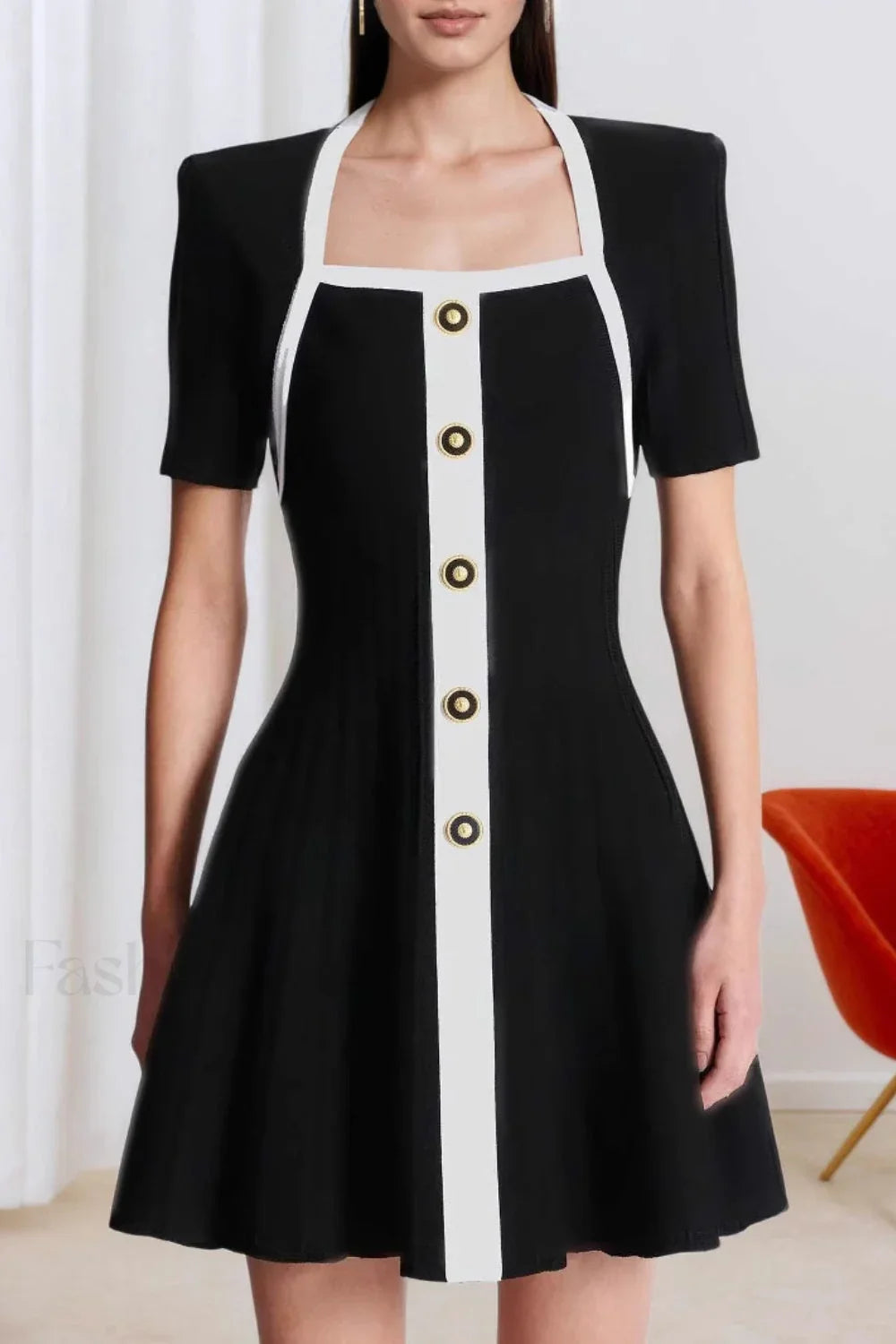 Square Neck Short Sleeve Colorblock Button Work Dress