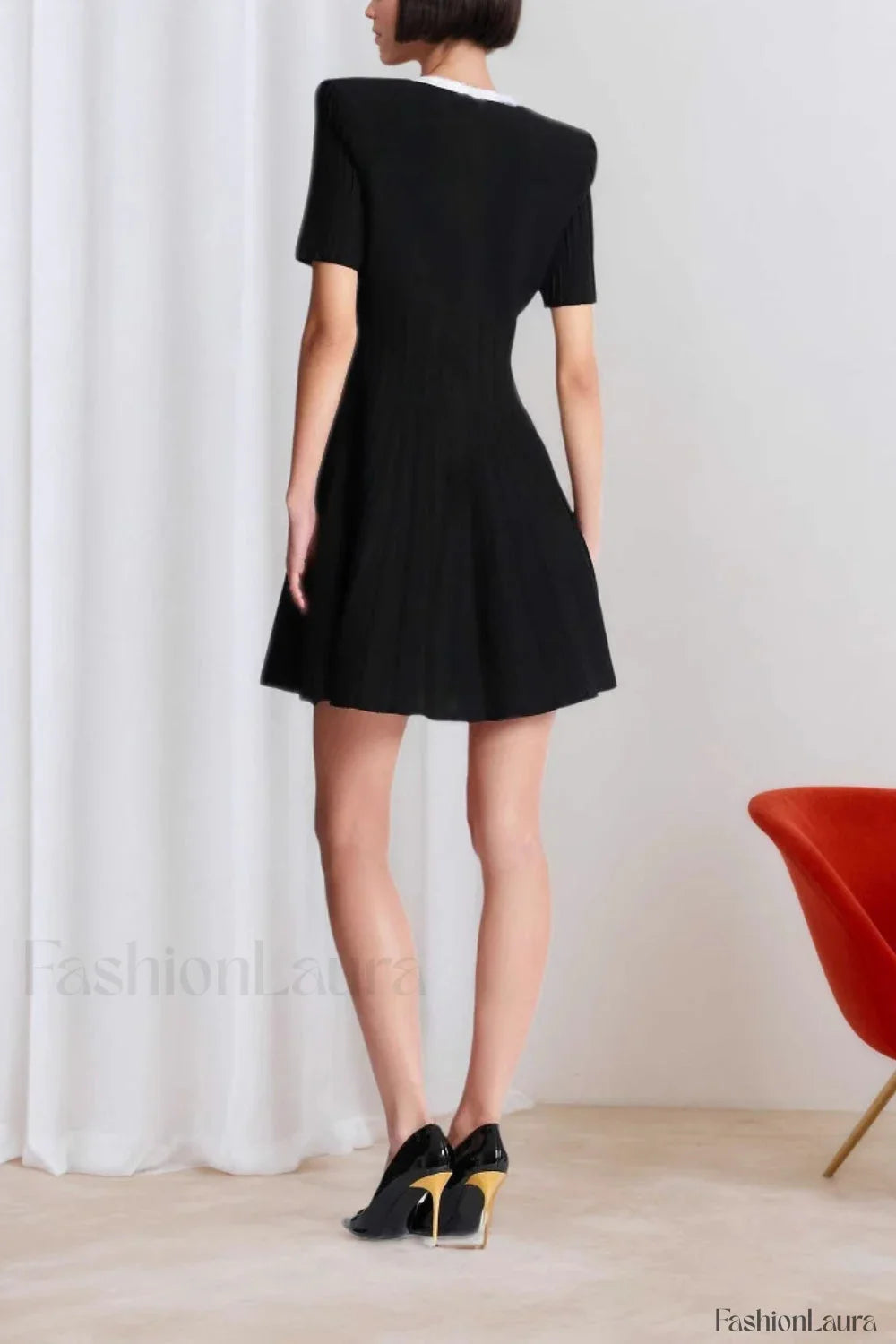 Square Neck Short Sleeve Colorblock Button Work Dress