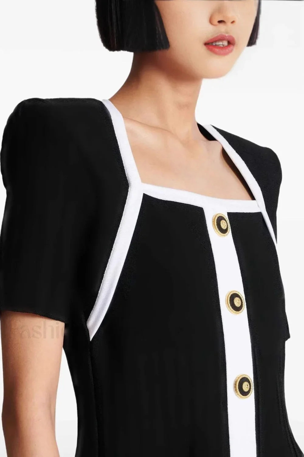 Square Neck Short Sleeve Colorblock Button Work Dress