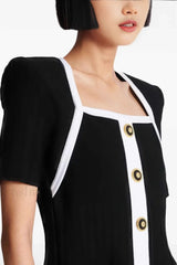 Square Neck Short Sleeve Colorblock Button Work Dress