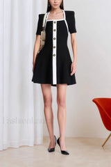 Square Neck Short Sleeve Colorblock Button Work Dress Black / S