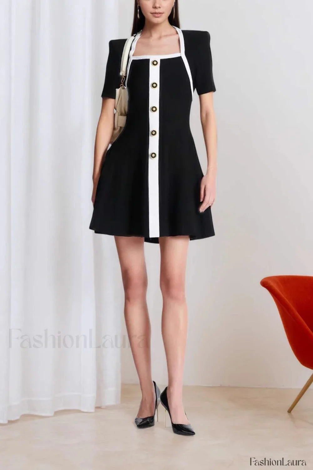 Square Neck Short Sleeve Colorblock Button Work Dress Black / S