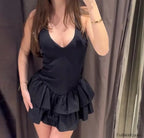 Stacked Ruffle V Neck Mini Dress Black / XS