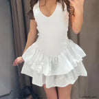 Stacked Ruffle V Neck Mini Dress White / XS