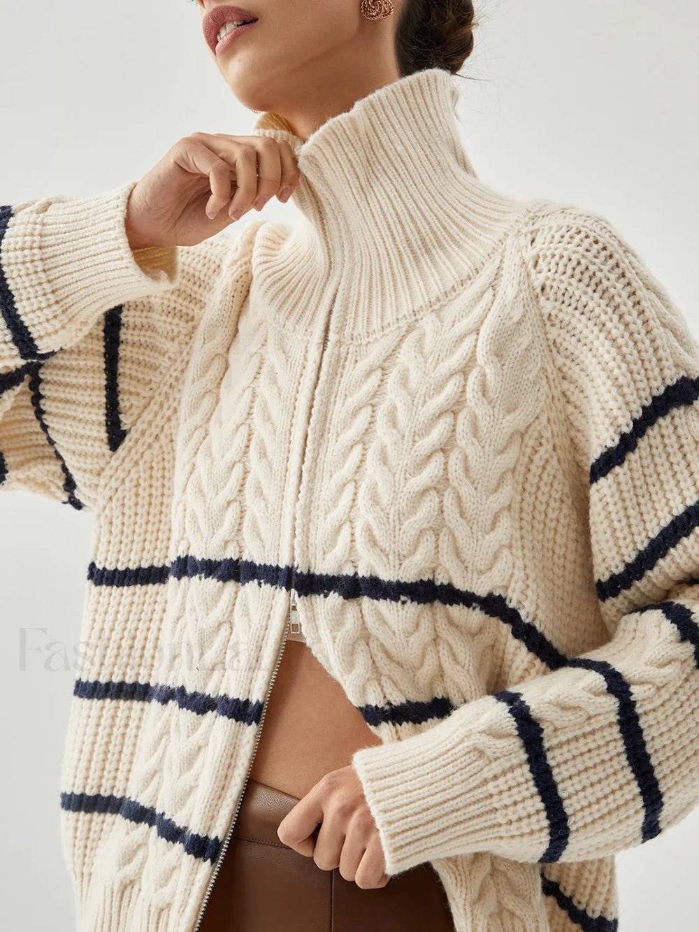 Stand Collar Cable Trendy Knit Stripe Cardigan Sweaters L
