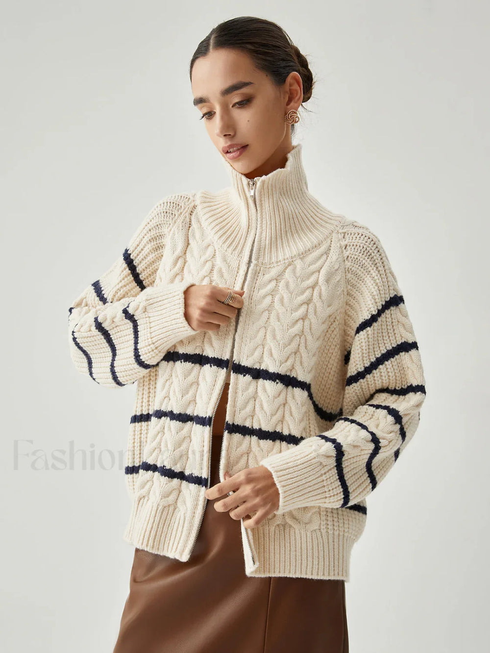 Stand Collar Cable Trendy Knit Stripe Cardigan Sweaters L