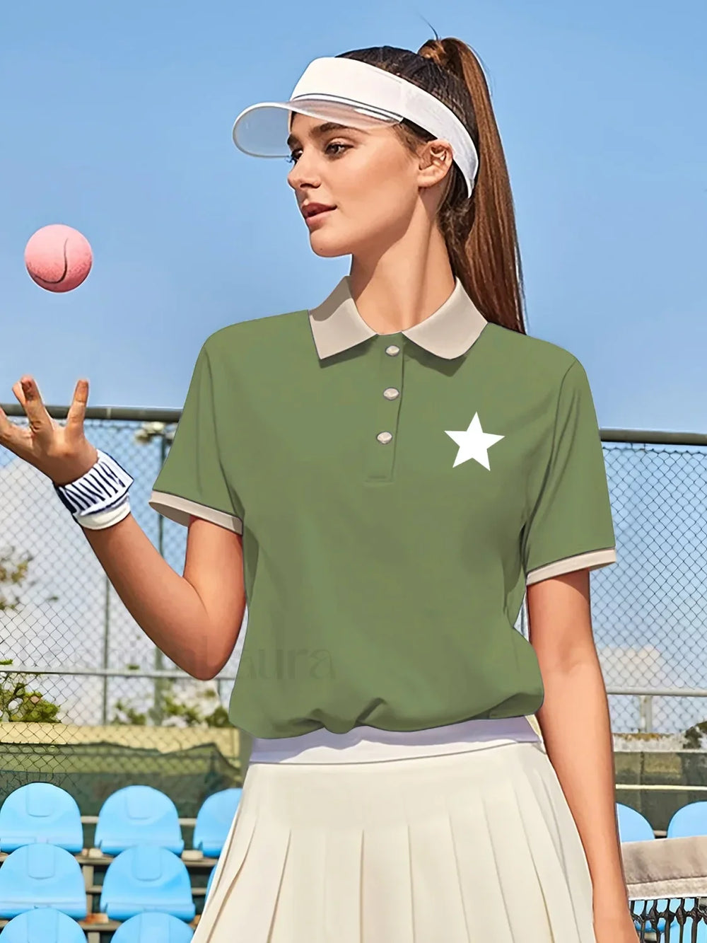 Star Print Polo Sporty Stripe T Shirt Light Green / M