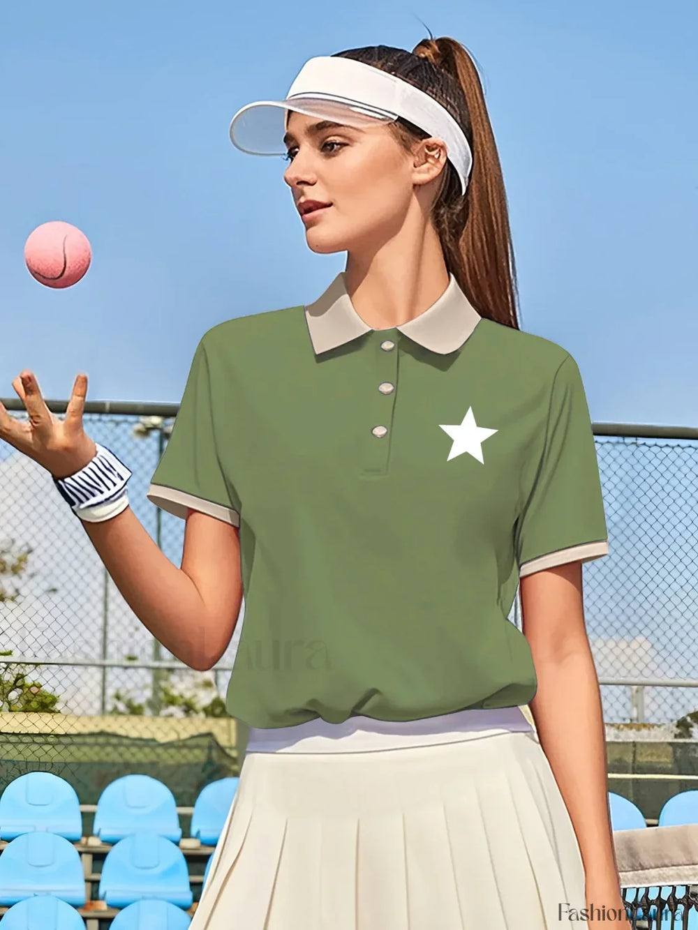 Star Print Polo Sporty Stripe T Shirt Light Green / M