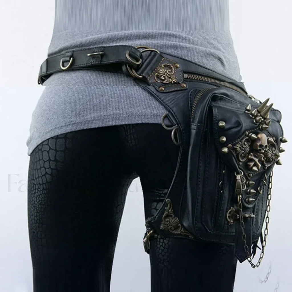 Steam Leg Fanny Belt Punk Messenger Mobile Waist Hip Phone Gothic Bag Black