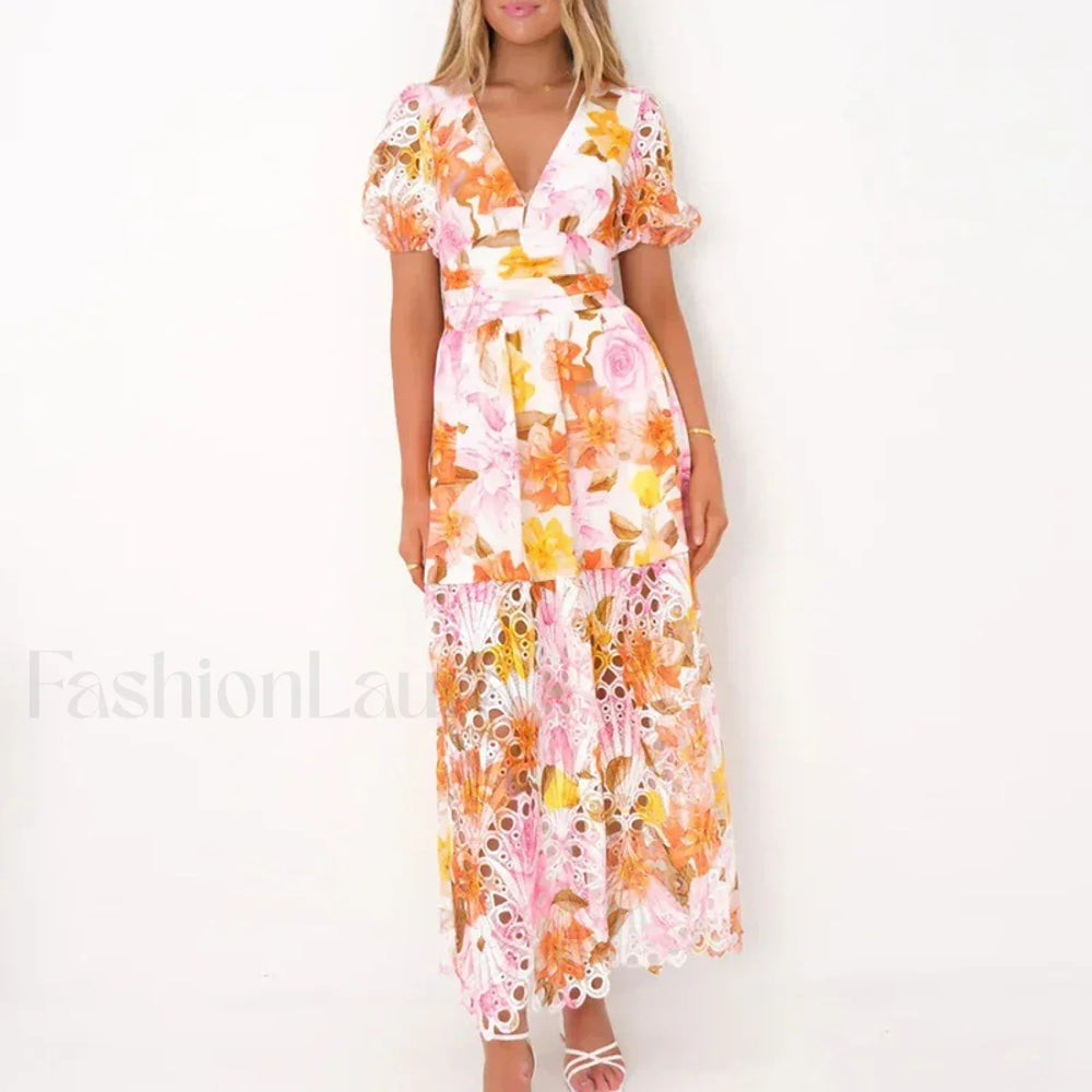Stitched Waist Bohemian Floral Dress 02 Orange / S
