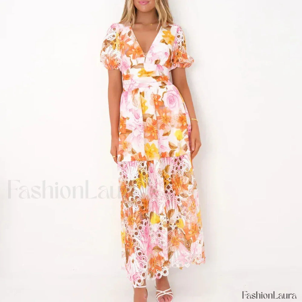 Stitched Waist Bohemian Floral Dress 02 Orange / S