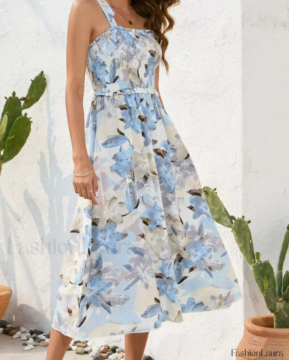 Strap Backless Tight Floral Dress Blue / S