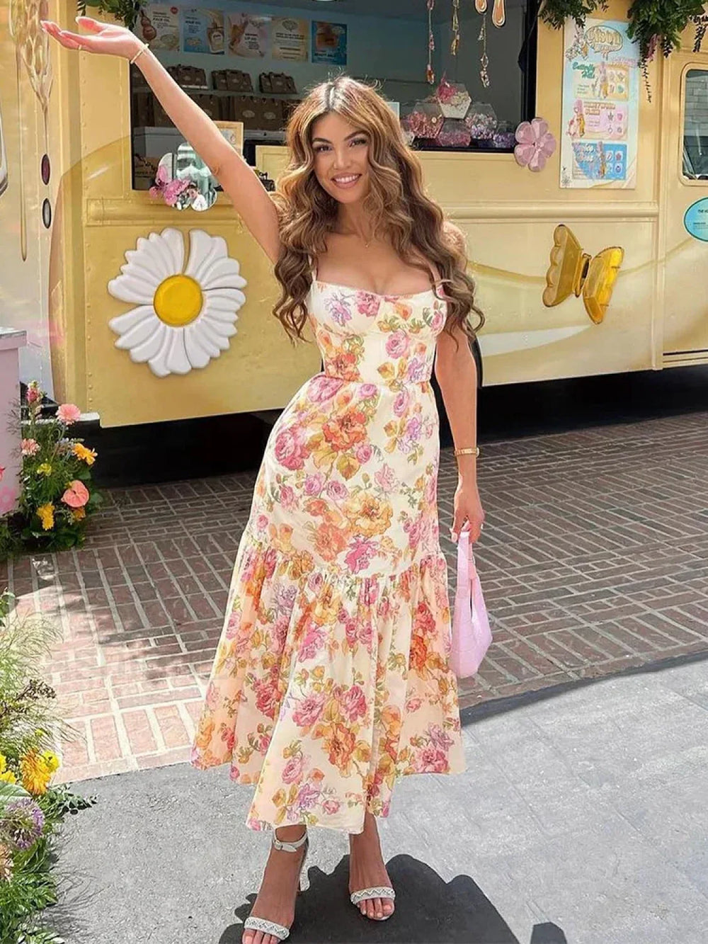 Strapless Bodycon Midi Floral Dress