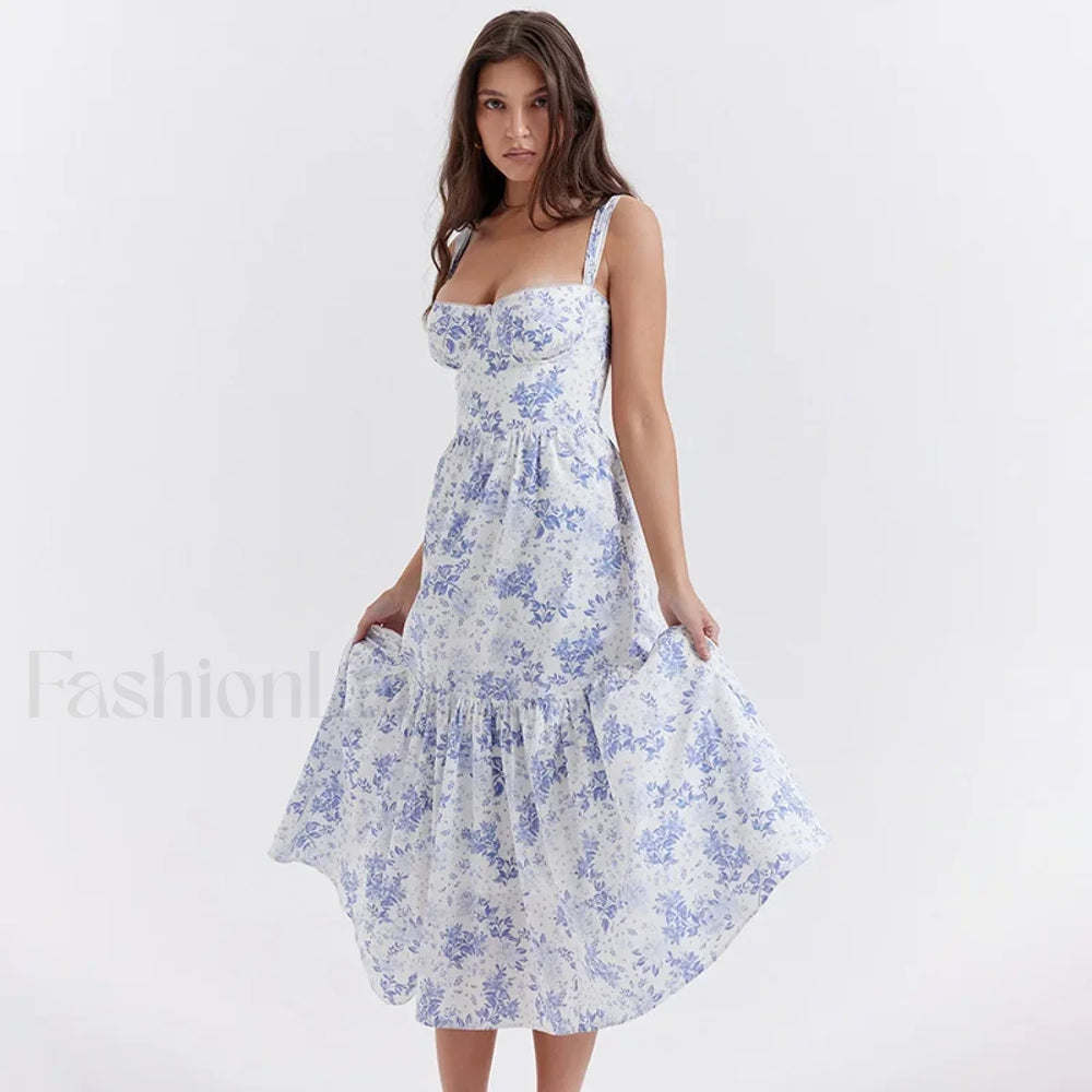 Strapless Bodycon Midi Floral Dress Blue / M