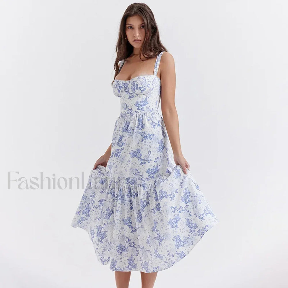 Strapless Bodycon Midi Floral Dress Blue / M