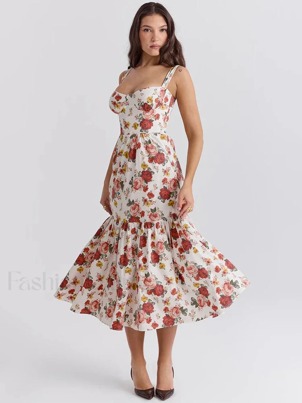 Strapless Bodycon Midi Floral Dress Red / M