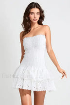 Strapless Flower Embroidery Mini Dress WHITE / S