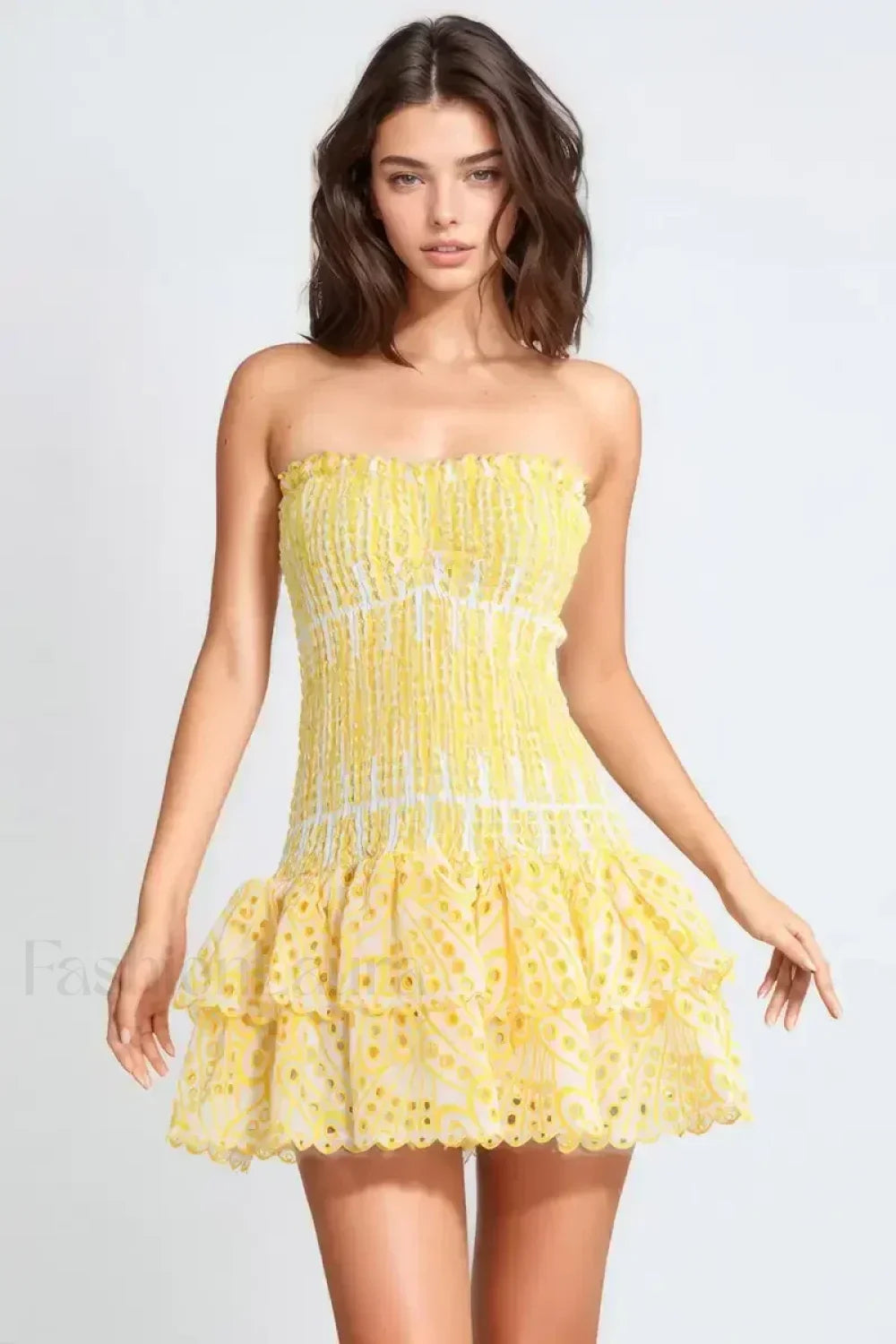 Strapless Flower Embroidery Mini Dress Yellow / S