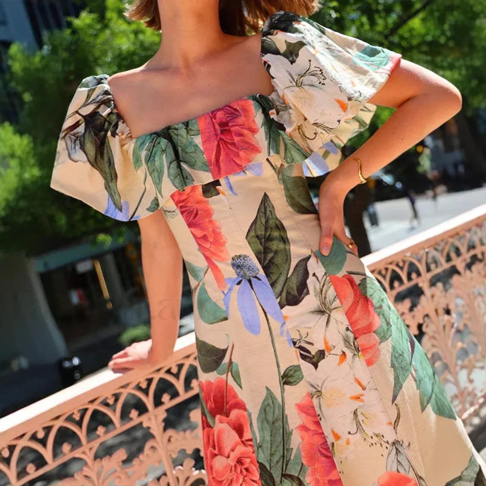 Strapless High Waist Floral Dress