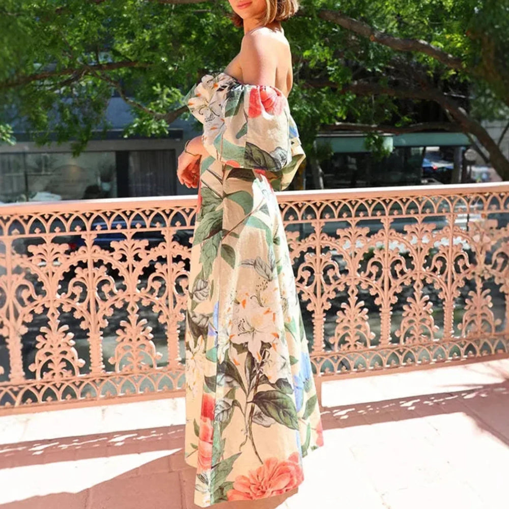 Strapless High Waist Floral Dress