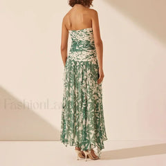 Strapless Pleated Chiffon Floral Dress