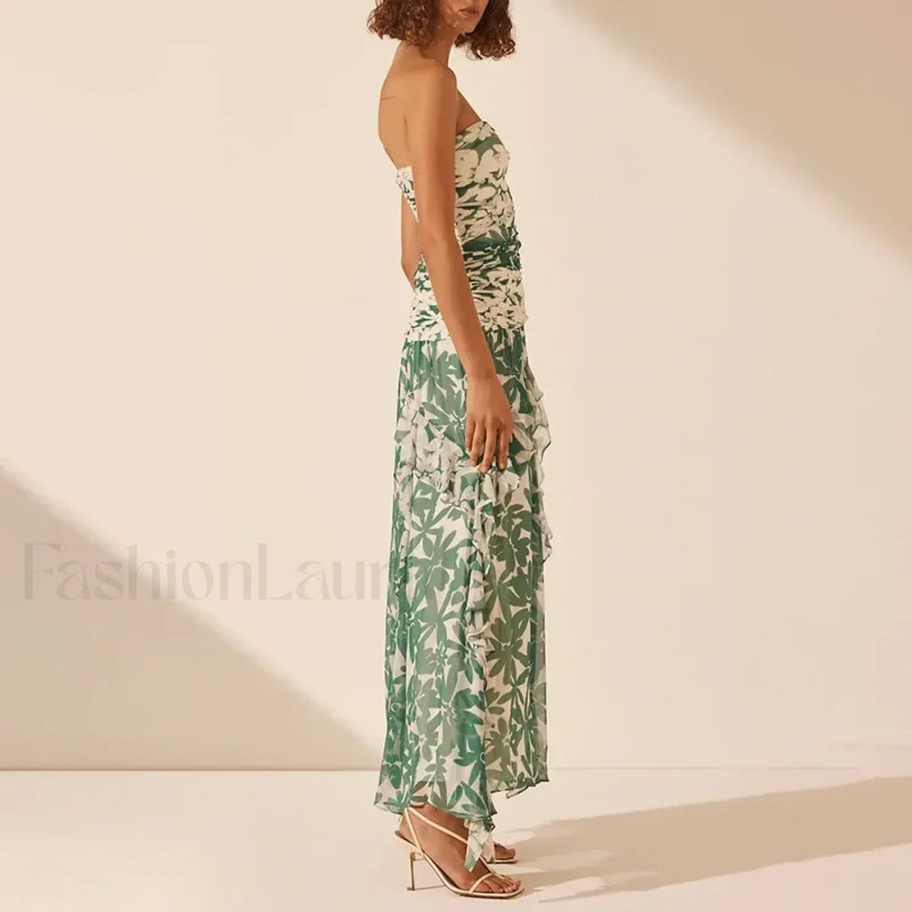 Strapless Pleated Chiffon Floral Dress
