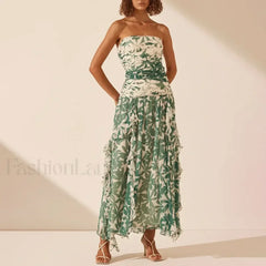 Strapless Pleated Chiffon Floral Dress Green / S