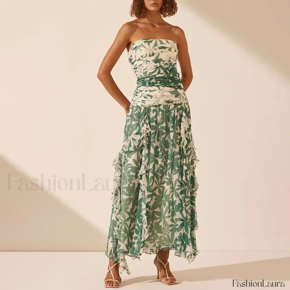 Strapless Pleated Chiffon Floral Dress Green / S