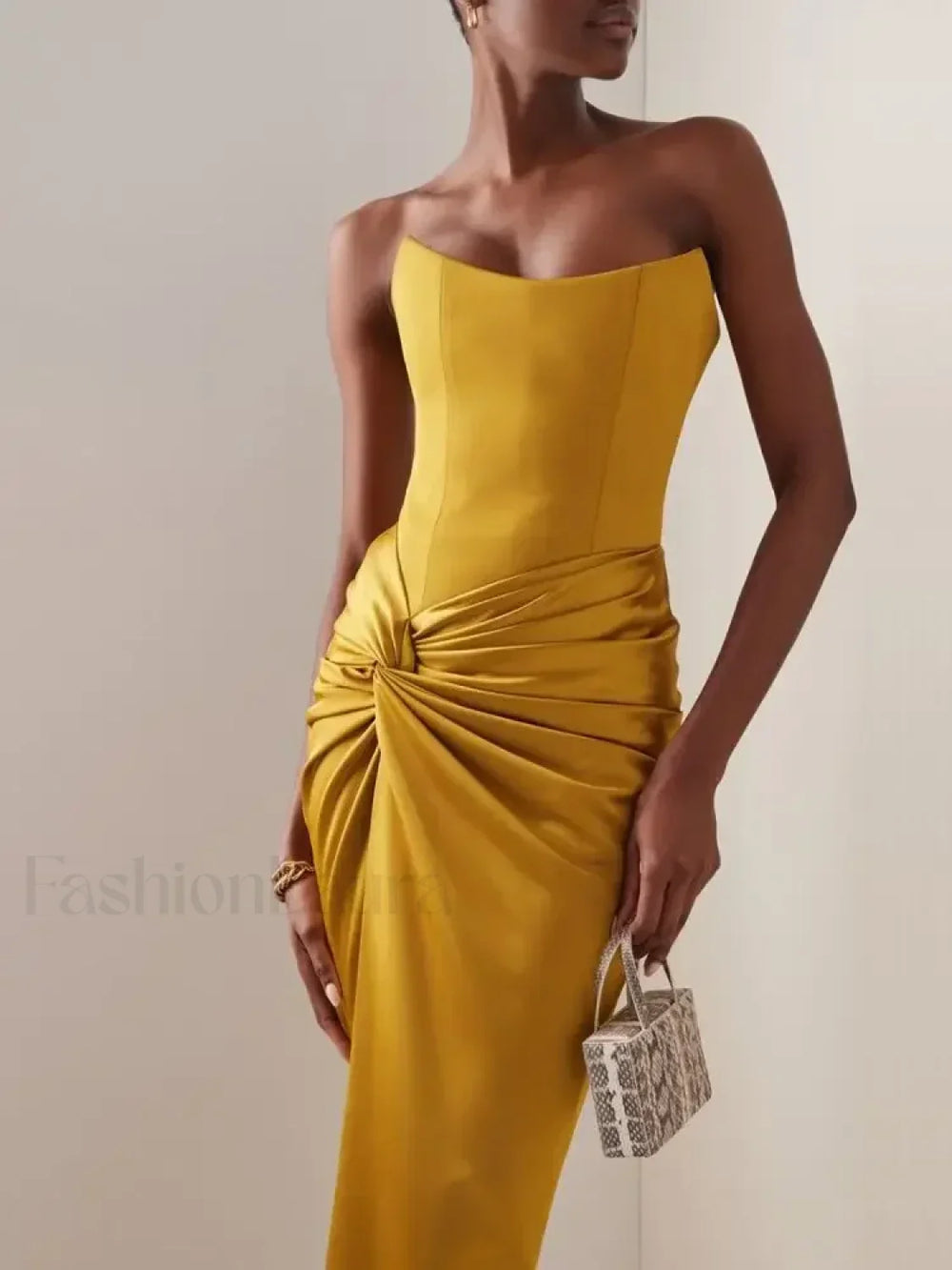 Strapless Pleated High Waist Maxi Dress golden / S
