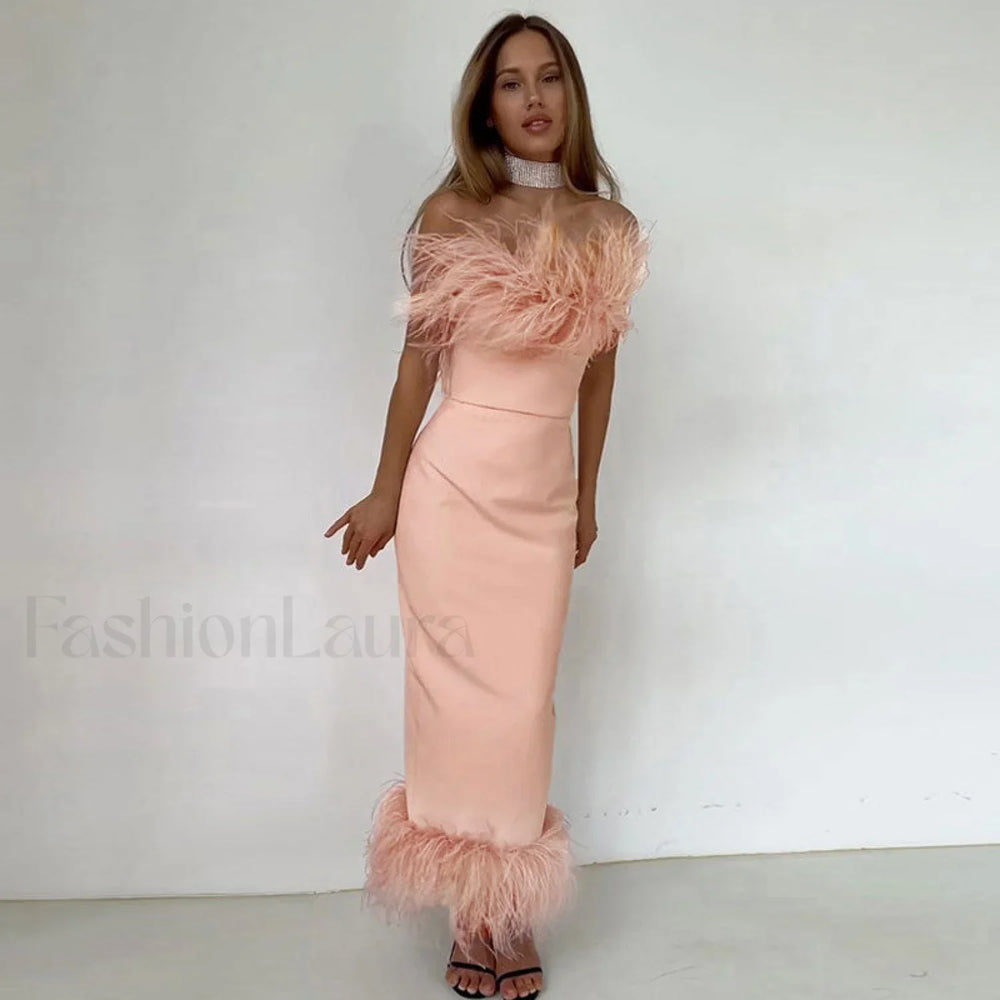 Strapless Slit Bodycon Cocktail Midi Dress Pink S / Pink Party Dresses L