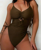 Strapped Backless Push Up Solid One Piece Brown / S