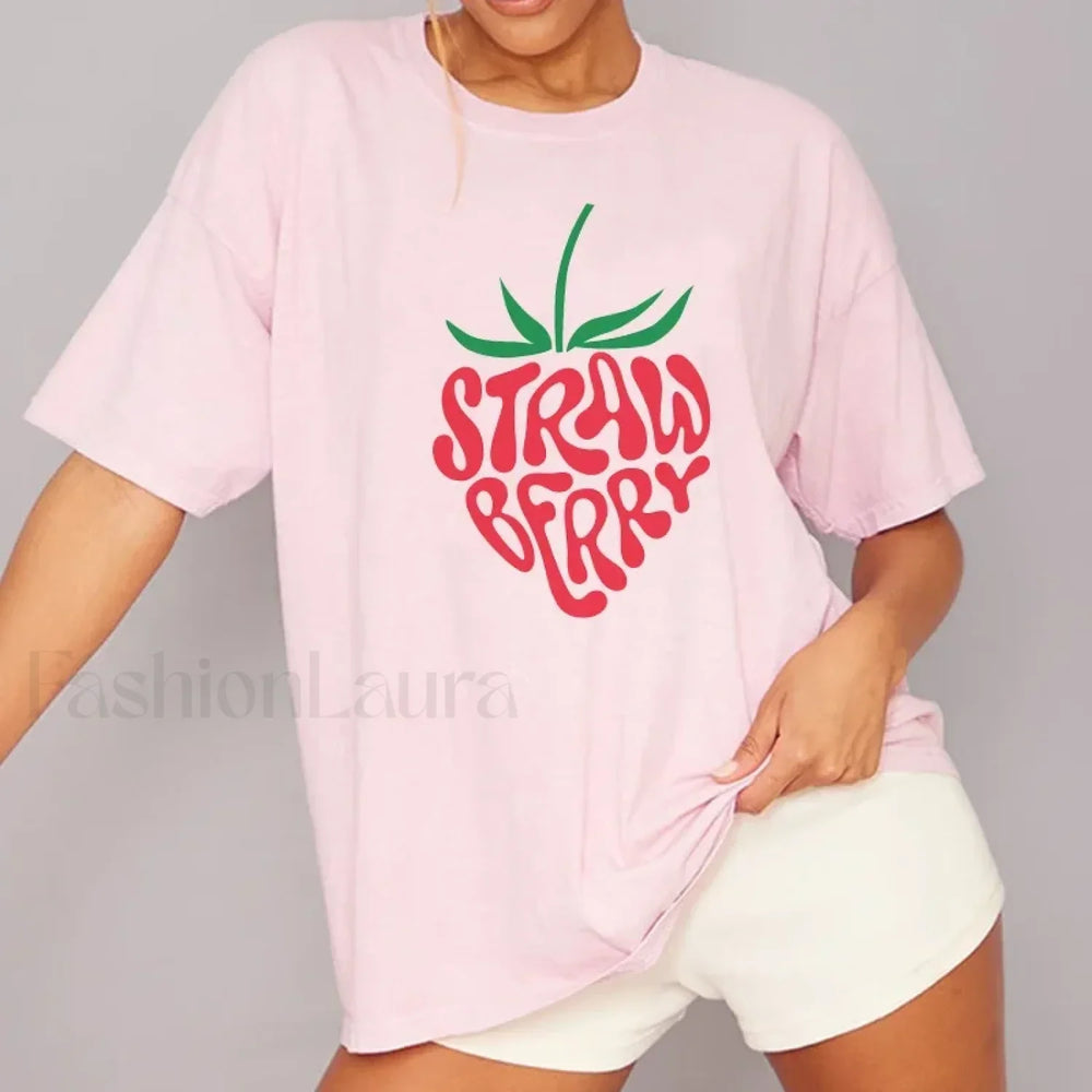 Strawberry Printed Cute Fruit Graphic T Shirt Pink / S