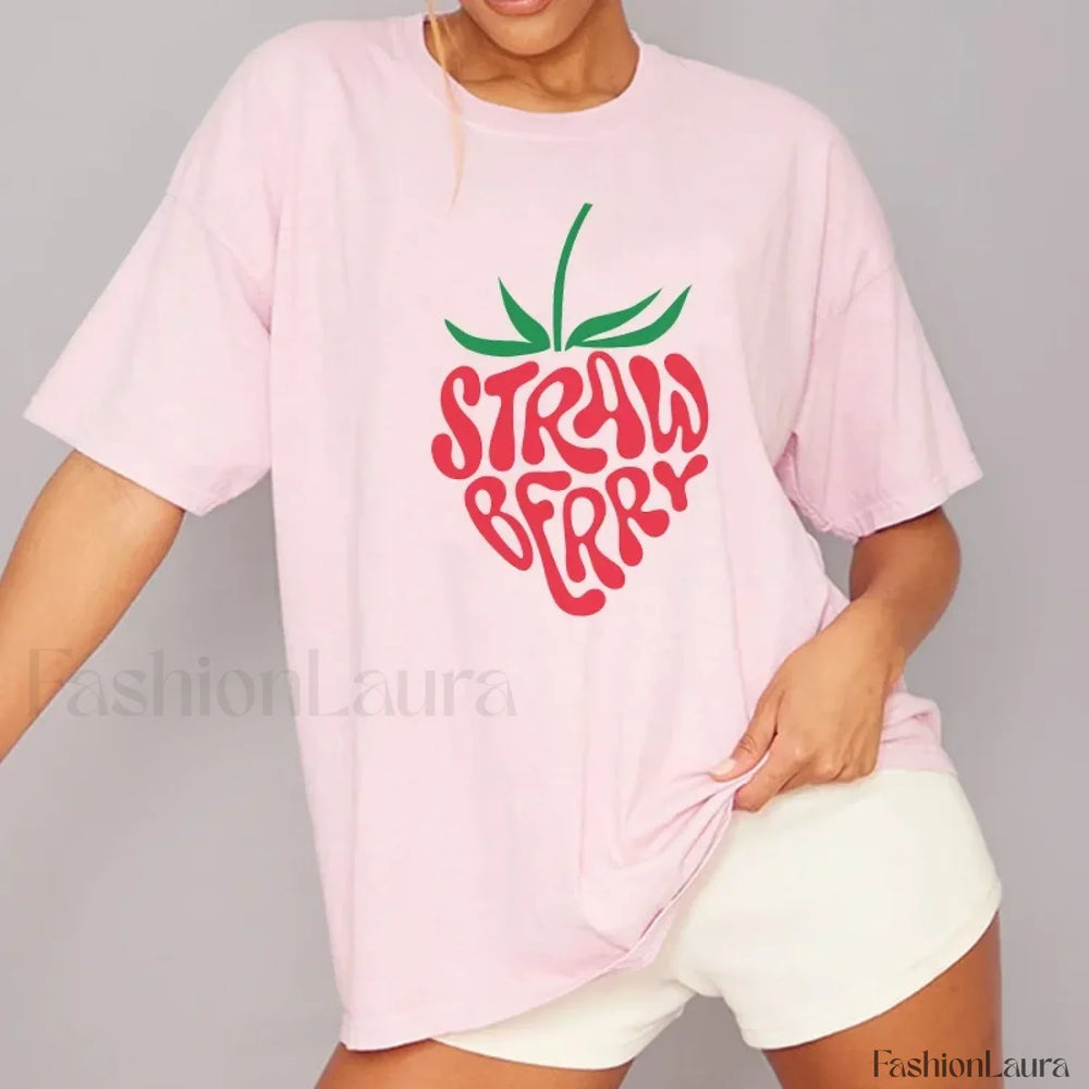 Strawberry Printed Cute Fruit Graphic T Shirt Pink / S