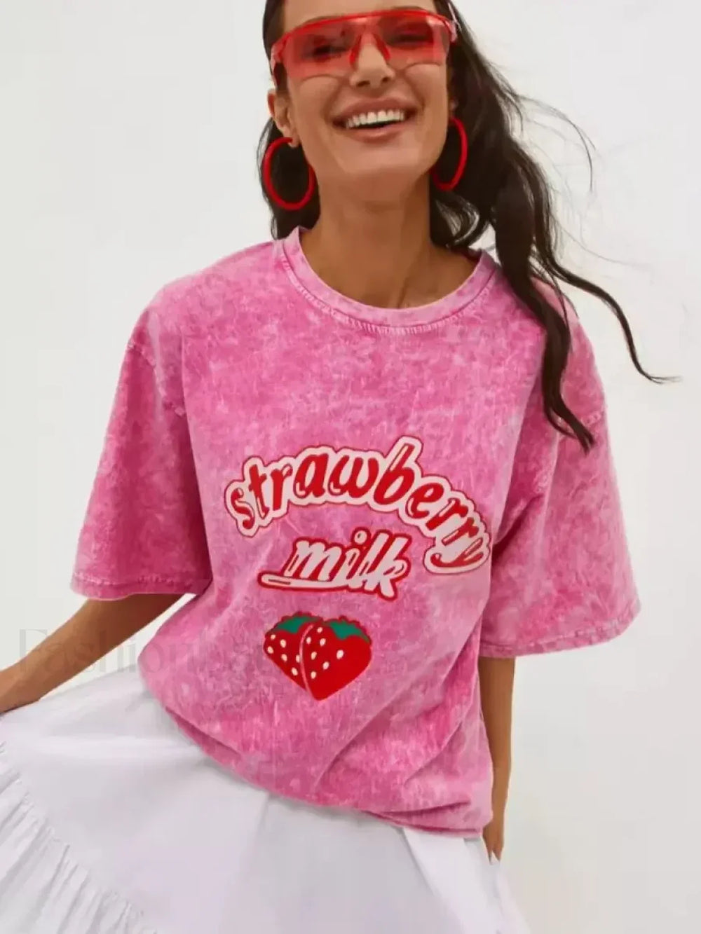 Strawberry Rose Red Print Oversized T Shirt