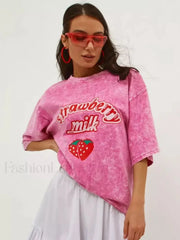 Strawberry Rose Red Print Oversized T Shirt