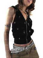 Streetwear Hooded Crop Gothic Grunge Cross Dark Vest Alt Cyberpunk Top