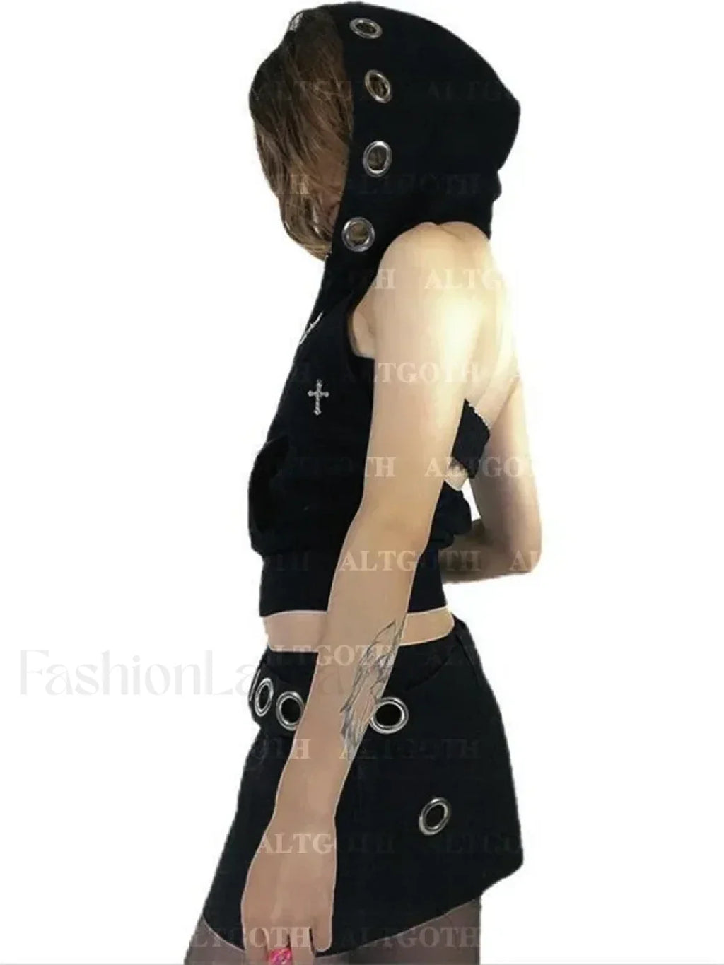 Streetwear Hooded Crop Gothic Grunge Cross Dark Vest Alt Cyberpunk Top