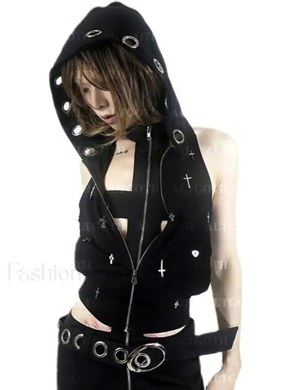 Streetwear Hooded Crop Gothic Grunge Cross Dark Vest Alt Cyberpunk Top Black / S