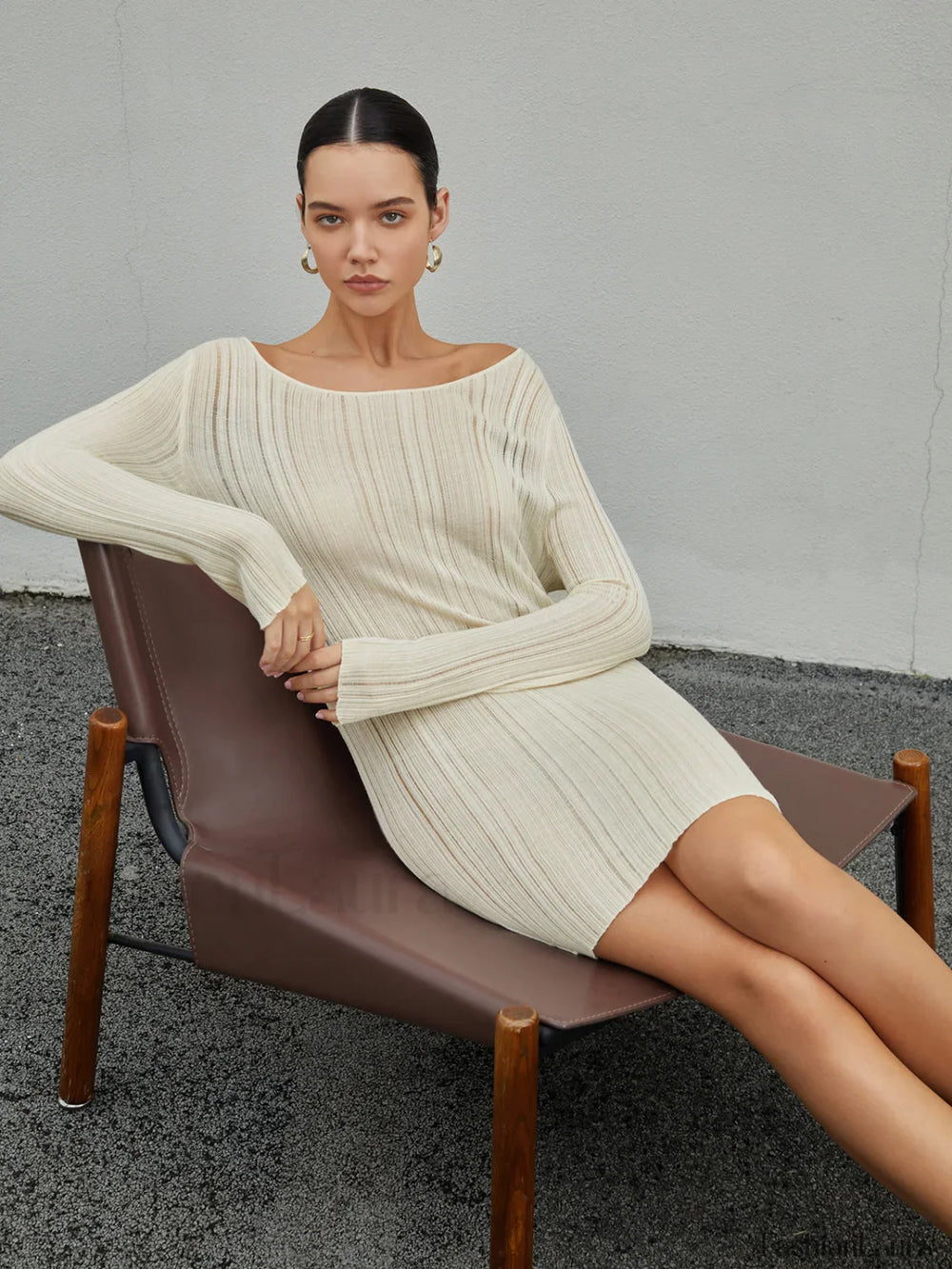 Strip Eyelet Texture Trendy Sweater Short Dress Apricot / XS Sweaters L