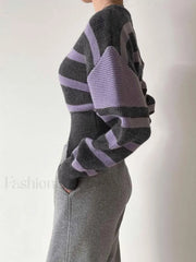 Stripe Asymmetric Graceful Notched Crop Sweater Sweaters L