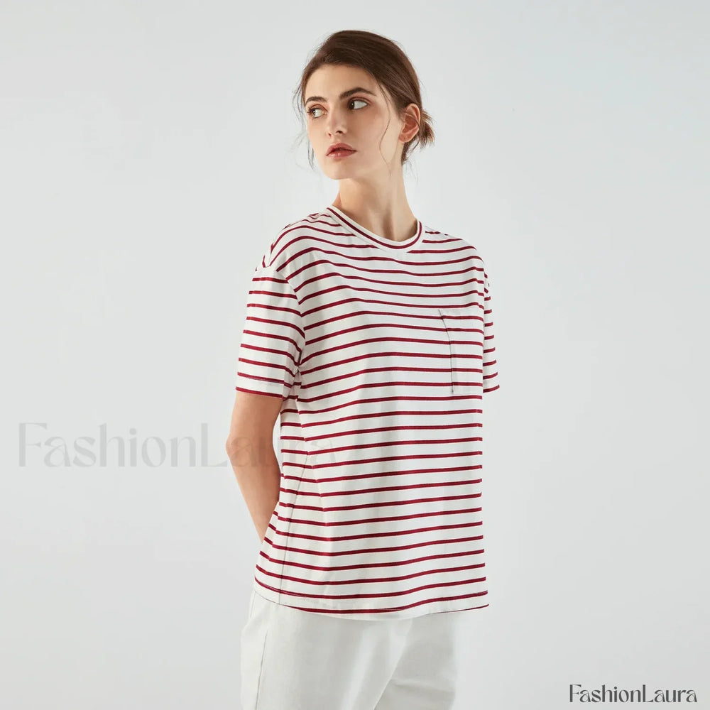 Stripe Cotton Crop Top Casual T Shirt Red / S
