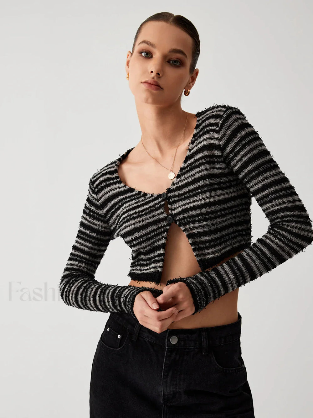 Stripe Fuzzy Fly Trendy Away Crop Cardigan Black / S Sweaters L