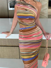 Stripe Hollow Diagonal Maxi Dress